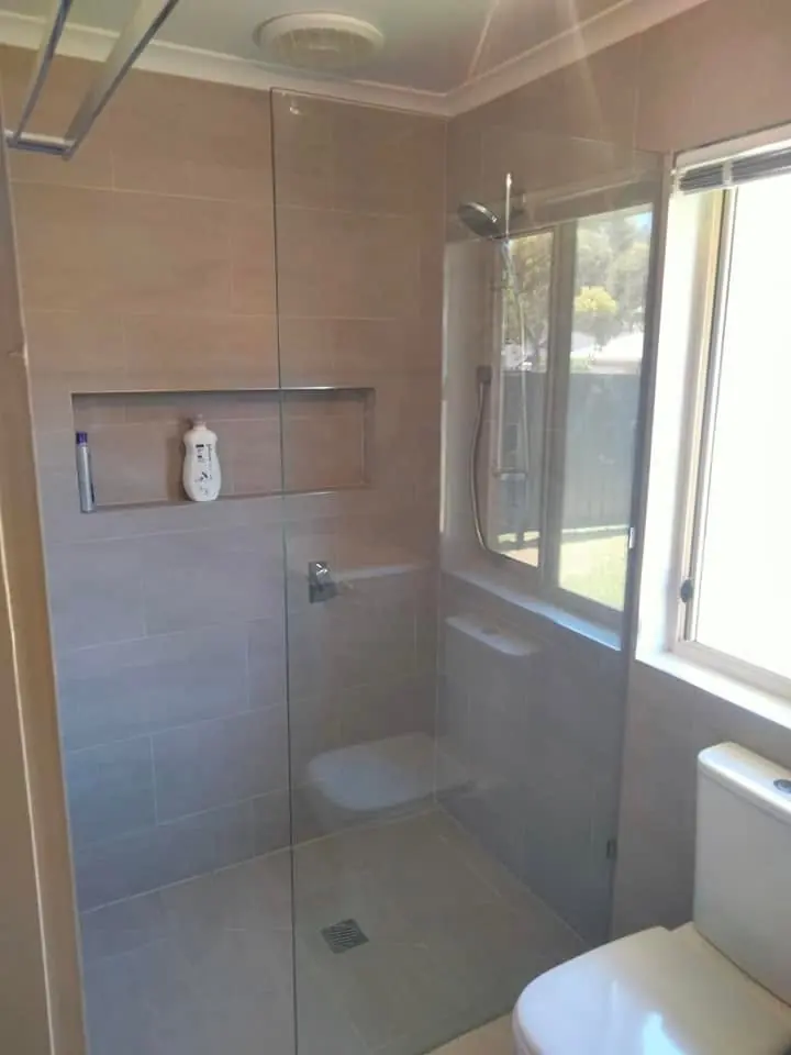 Walk-in shower with frameless glass and a long niche
